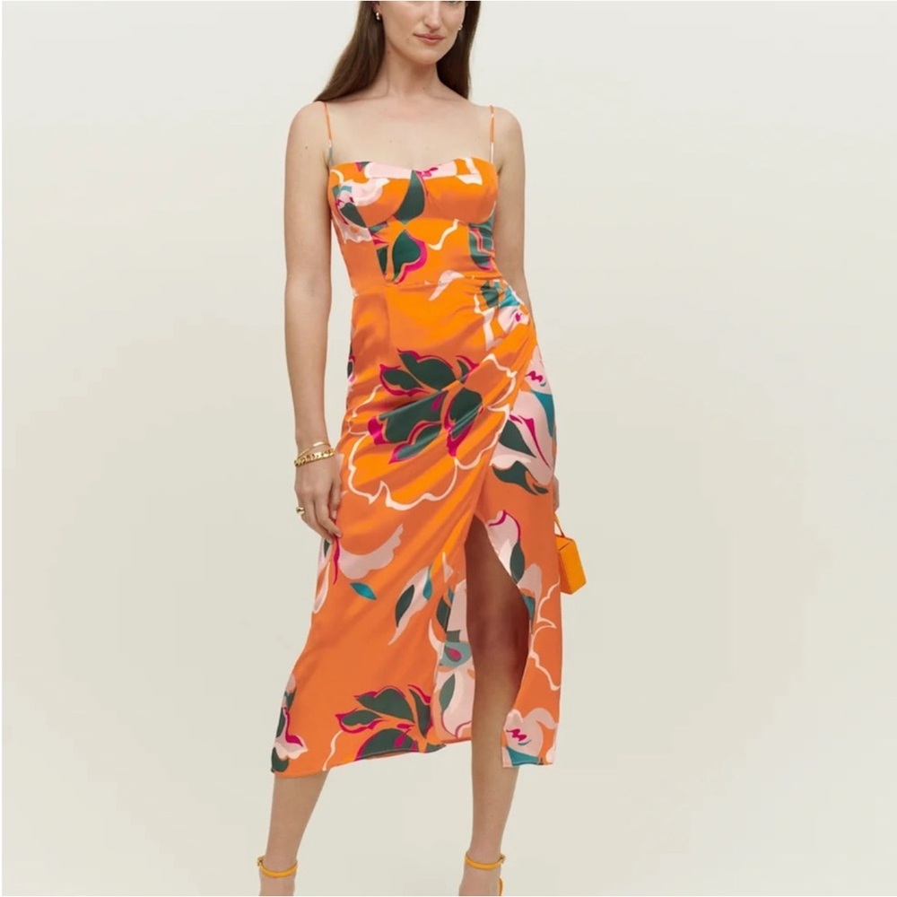 Reformation Marguerite Orange Floral silk Slip Midi Dress with Spaghetti Straps